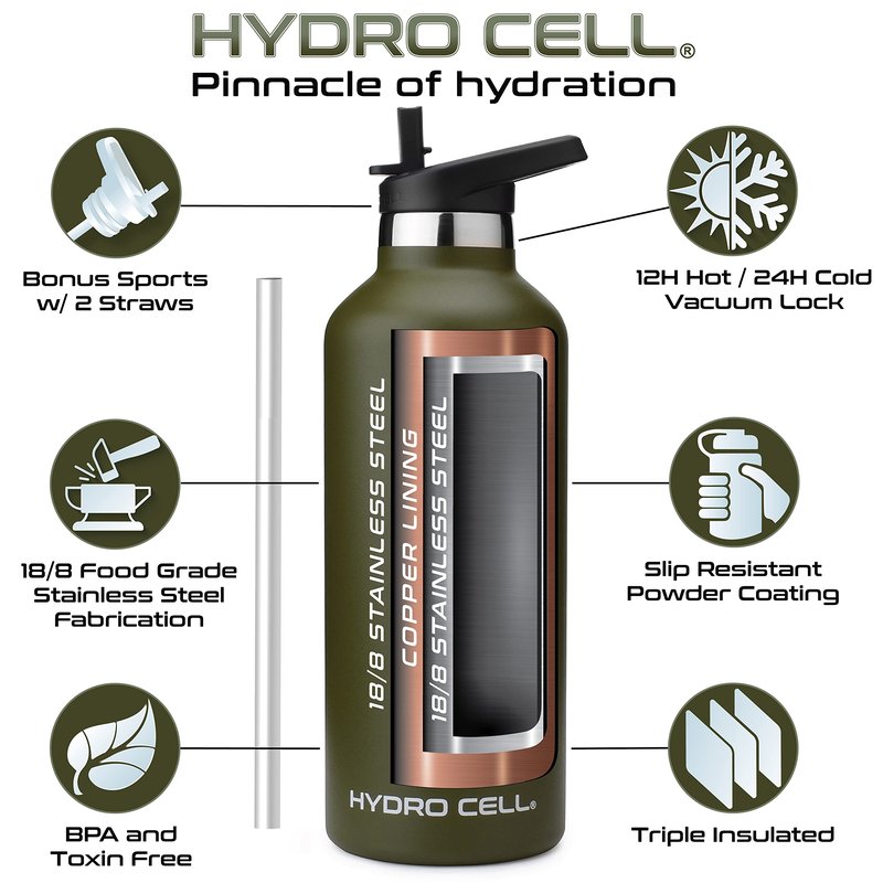 HYDRO CELL Stainless Steel Water Bottle with Straw & 2 Standard Mouth Lids (32oz 24oz 20oz 16oz) Keeps Liquids Hot or Cold w/Double Wall Vacuum Insulated Leak Proof Sport Design (Graphite/Black 32oz)