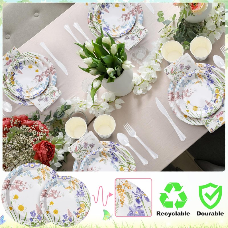 FillTouch 350 Pcs Spring Floral Party Decoration Paper Plates Disposable Tableware Napkins Cups Knives Forks Spoons for 50 Guests Floral Baby Shower Party Tableware for Birthday
