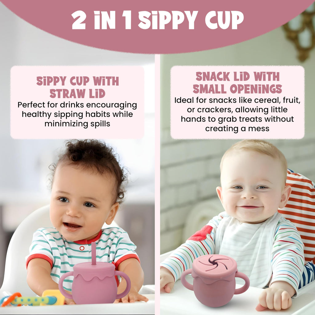 Baby Feeding Essentials, Baby Led Weaning Supplies, Silicone Baby Feeding Set, with Baby Spoon, Fork, Baby Bib, Sippy Cup, Suction Plate, Suction Bowl, Baby Eating Essentials, 6+ Months (Dark Pink)