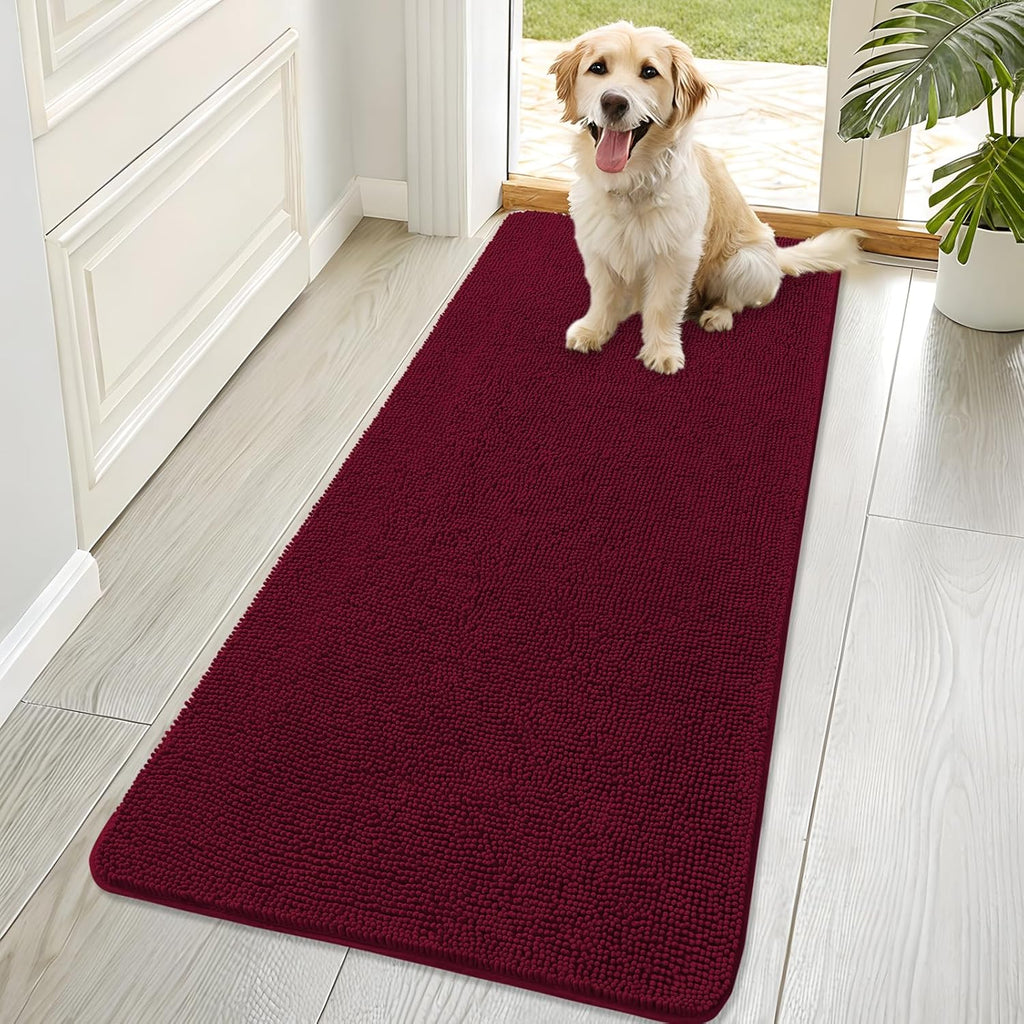 OLANLY Dog Door Mat - Absorbent Non-Slip Chenille Mat for Muddy Paws | 70x32, Burgundy, Quick Dry