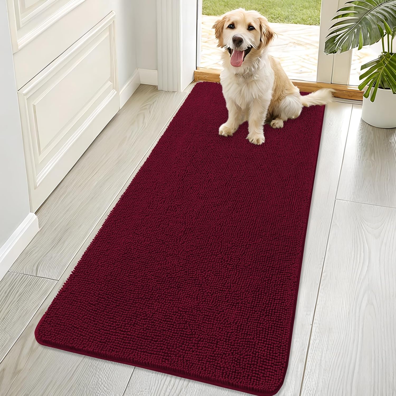 OLANLY Dog Door Mat - Absorbent Non-Slip Chenille Mat for Muddy Paws | 70x32, Burgundy, Quick Dry