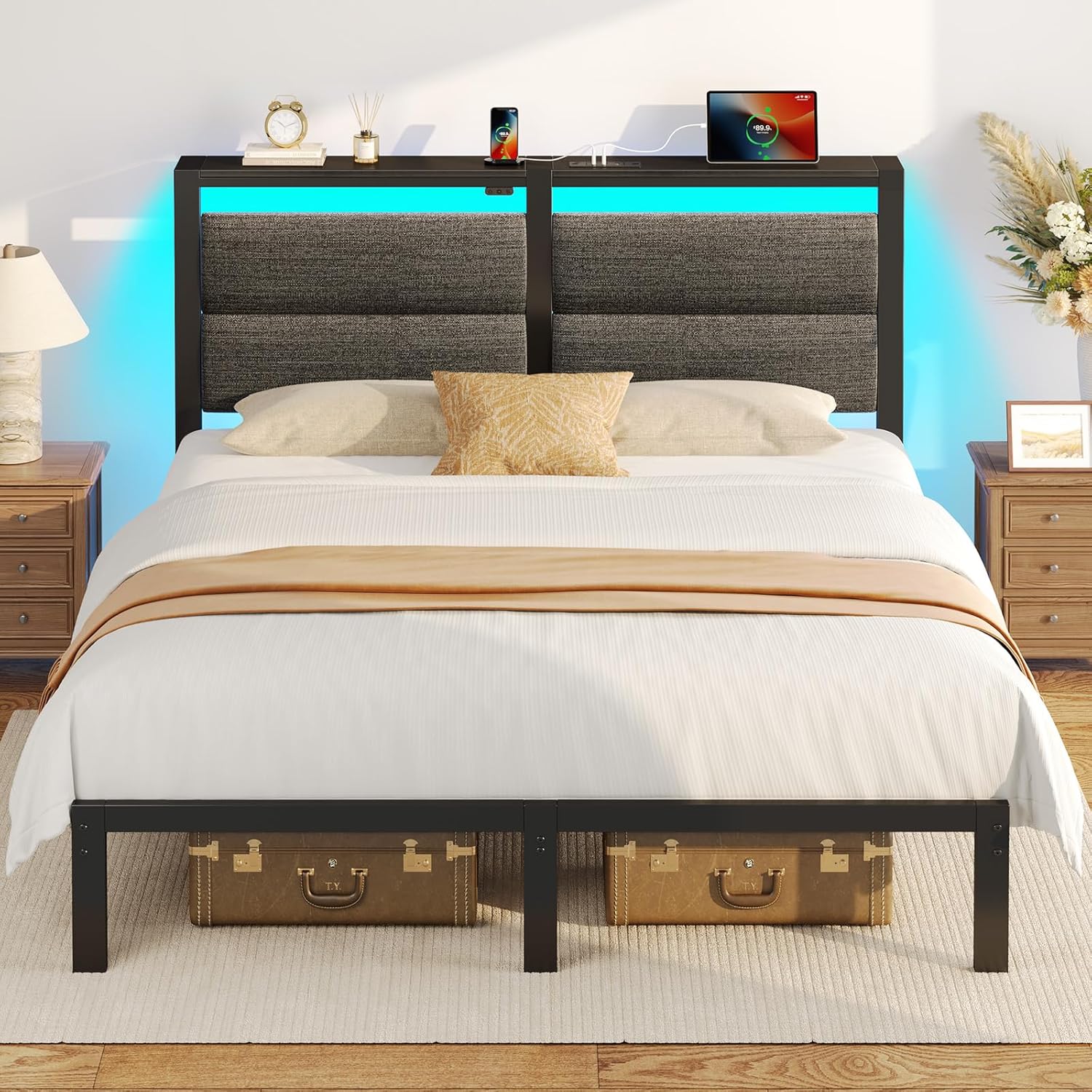 Rolanstar Full Size Bed Frame - LED Upholstered Storage Headboard with Charging Station | Grey, Noise-Free Design
