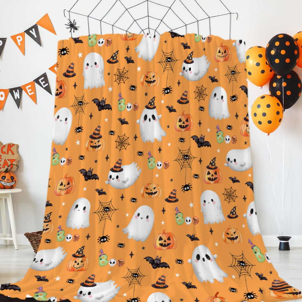 Halloween Decor Throw Blanket - Super Soft Flannel Pumpkin Blanket for Boys & Girls, Cute Ghost Design, Perfect for Couch, Sofa, Bed & Living Rooms - 30"x40" - Toddlers/Pets Size