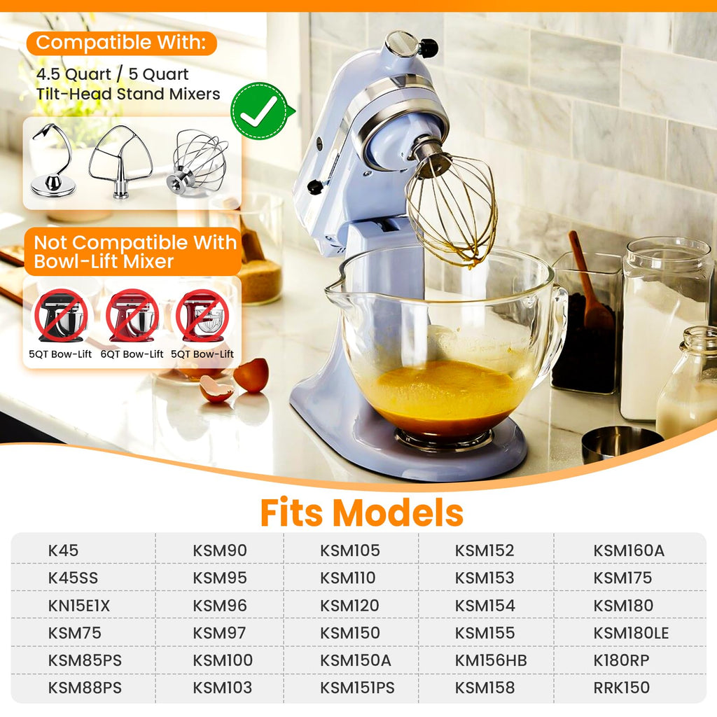 Kitchen Mixers Accessories for KitchenAid Stand Mixers, Stainless Steel Kitchen Mixer Attachment Includes K45WW Wire Whip, K45DH Dough Hook and K45B Flat Beater