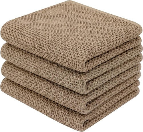 Homaxy 100% Cotton Waffle Weave Kitchen Dish Towels - Ultra Soft & Absorbent | 13 x 28 Inches, Tan, 4-Pack