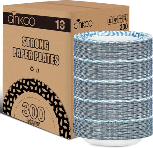 Ginkgo 10-Inch Heavy Duty Paper Plates - 300 Count Bulk Pack for Parties, Picnics & Everyday Use