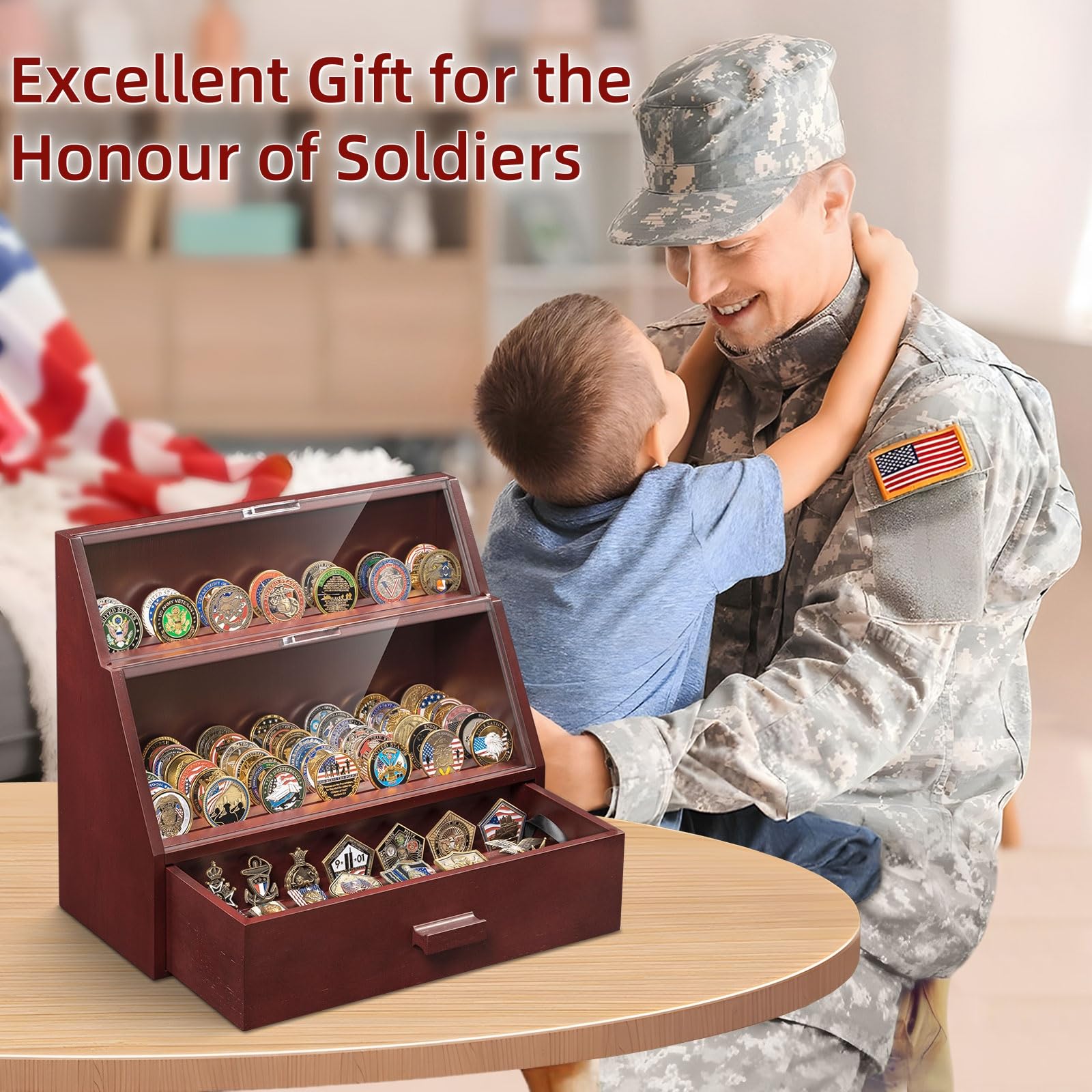 Miratino Challenge Coin Display Case 13 Row Military Coin Display Case Holds 100 Coins or Military Medals for Desktop, Solid Wood Challenge Coin Holder with HD Acrylic and Drawers, Mahogany