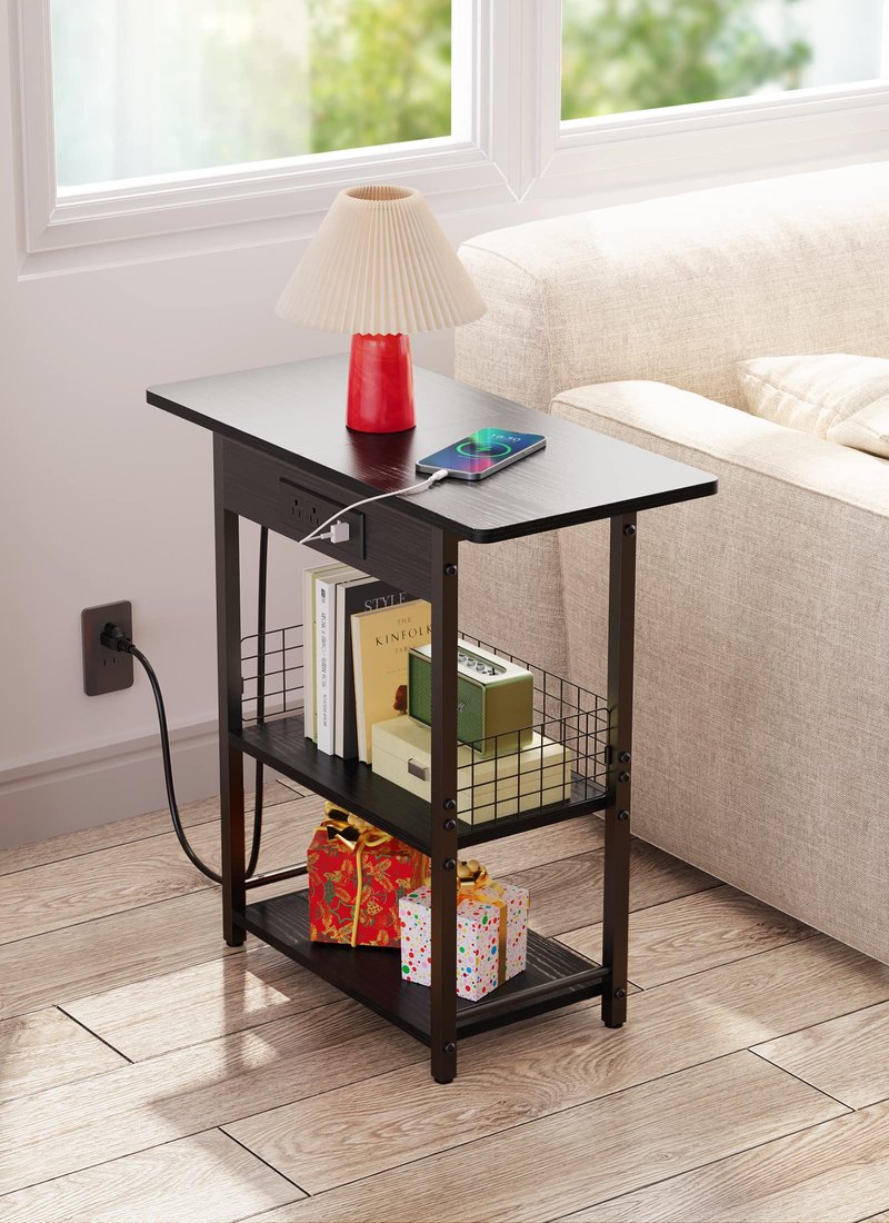 End Table with Charging Station, 25.5” Sofa Side Table with USB Ports and Outlets, Narrow Nightstand with Fabric Drawer, Slim Bedside Table with Storage for Living Room Bedroom Home Entryway, Black