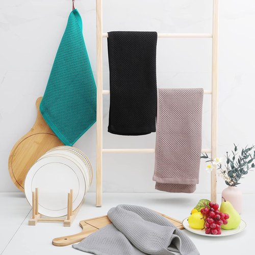 Homaxy Kitchen Dish Towels - 100% Cotton Waffle Weave, Ultra Soft & Absorbent, 13 x 28 Inches, 8-Pack | Black