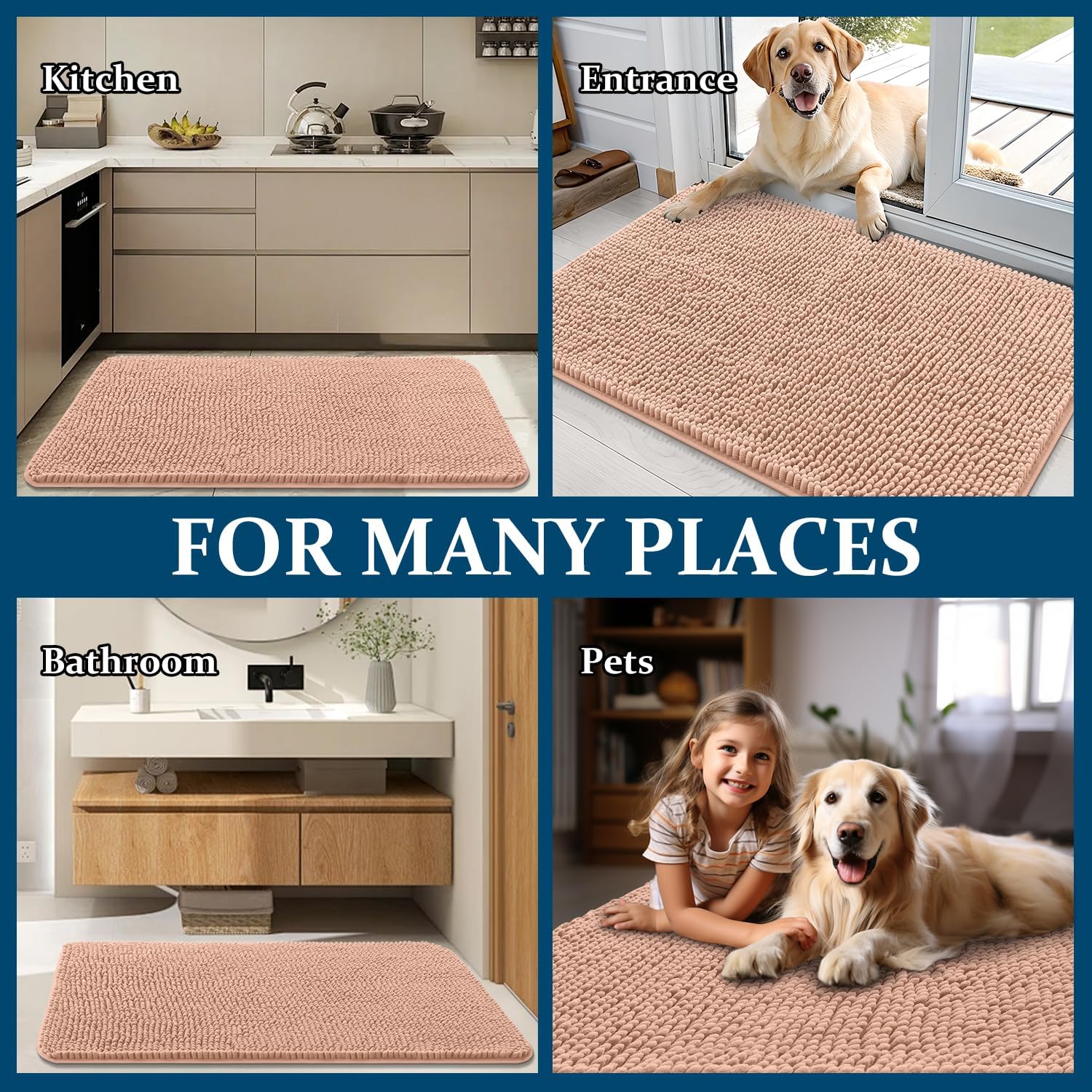OLANLY Dog Door Mat - Absorbent Non-Slip Chenille Mat for Muddy Paws | 24x16 Peach Indoor Entryway Carpet
