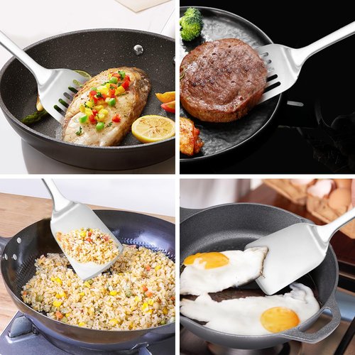 MUJINON 14-in Spatula Set, 18/0 Stianless Steel Heavy Duty Turner & Slotted Spatula, Kitchen Cooking Utensils Set, High Heat Resistant, Grilling Frying Serving Food, Pack of 2