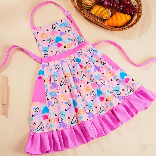 MHJY Kids Apron Hat Set for Girls Vintage Pleated Skirt Aprons with Adjustable Strap Pockets for Baking Cooking (8-12 Years)