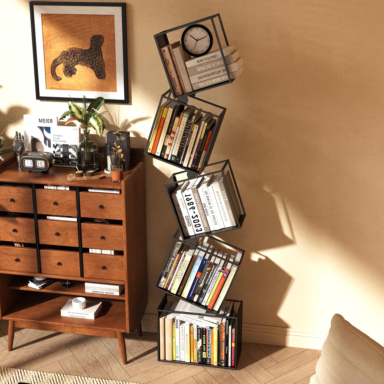 Kunicely 5-Tier Metal Geometric Bookshelf – Modern Narrow Floor Bookcase, Space-Saving Organizer for Living Room, Bedroom, Office, Corner – Black