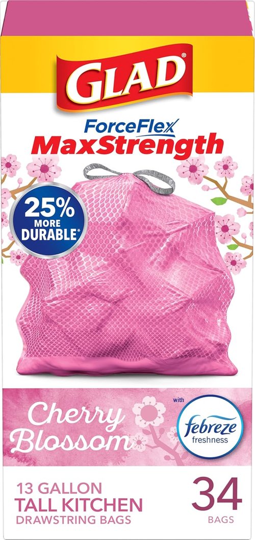 Glad Tall Kitchen Trash Bags - 13 Gallon MaxStrength Cherry Blossom Odorshield with Drawstring | 34 Count