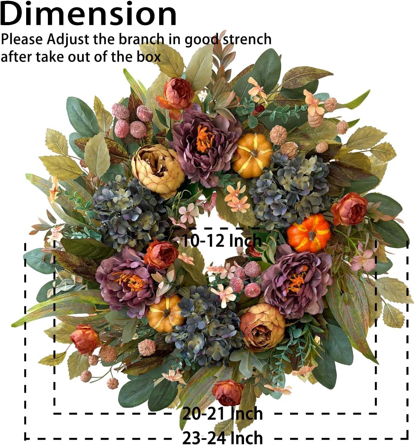 WANNA-CUL 24 Inch Spring & Fall Wreath - Blue Hydrangea & Purple Peony | Autumn Door Decor