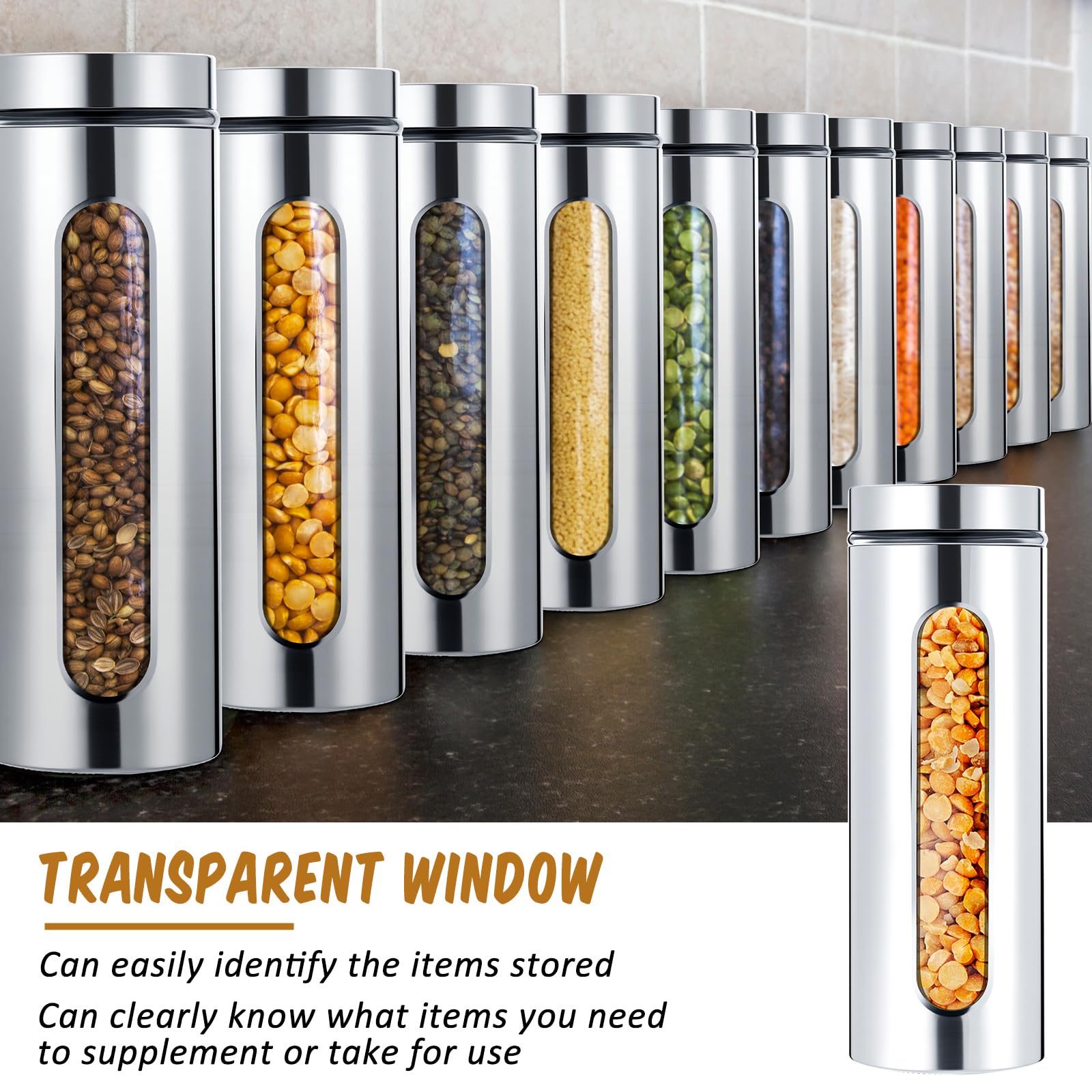 Mimorou 3 Pcs Stainless Steel Canister Set with Glass Windows Visible Storage Jars Silver Kitchen Canister Set for Pasta Flour Oat Sugar Container, Kitchen Tools, Housewarming Gifts(60 oz)