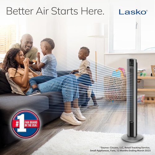 Lasko High-Velocity Tower Fan - Oscillating Design with Remote Control & Timer | 48" Gray, 3 Speeds