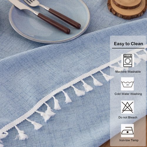 YZKITM Linen Small Round Tablecloth 24 Inch Light Blue Washable Wrinkle Resistant Table Cover with Tassels Farmhouse Decorative Burlap Fabric Table Cloths for Nightstand Wedding Camping Party Holiday