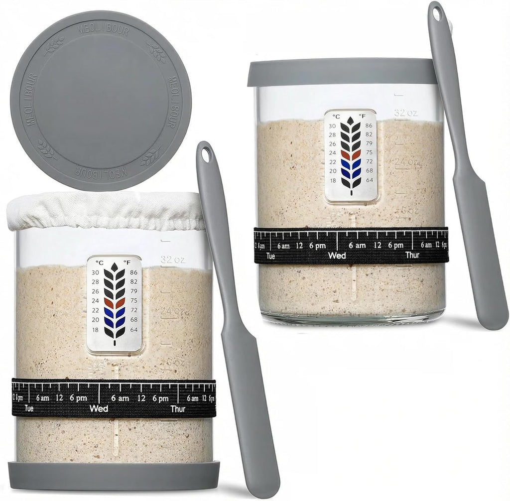 Premium Pro Sourdough Starter Jar Kit by [Brand Name] - 40oz Wide Mouth Glass Jar with Thermometer & Silicone Lid