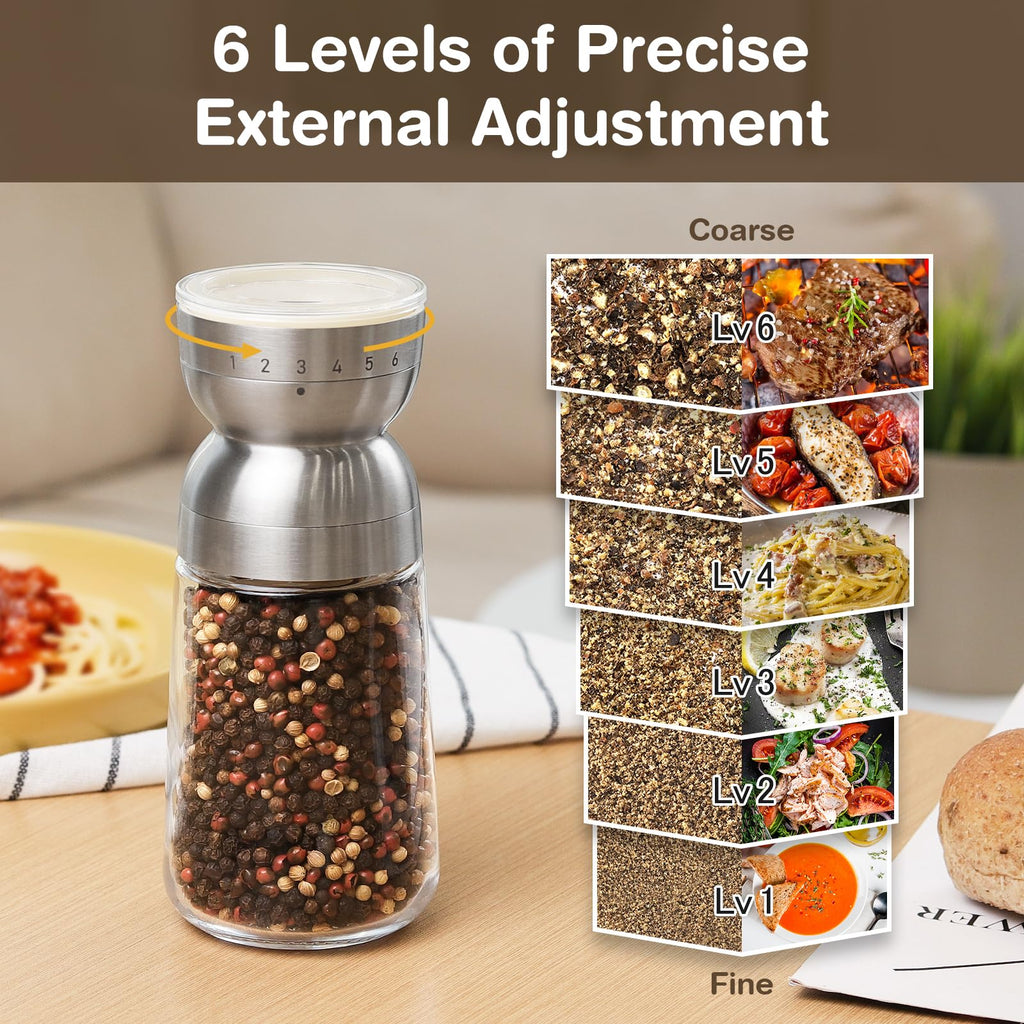 Vucchini Pepper Grinder Salt Grinder Manual - External Adjustable Coarseness with 6 Settings Stainless Steel Spice Grinder Mill Ceramic Burr Large Capacity 9 oz Ideal for Kitchen