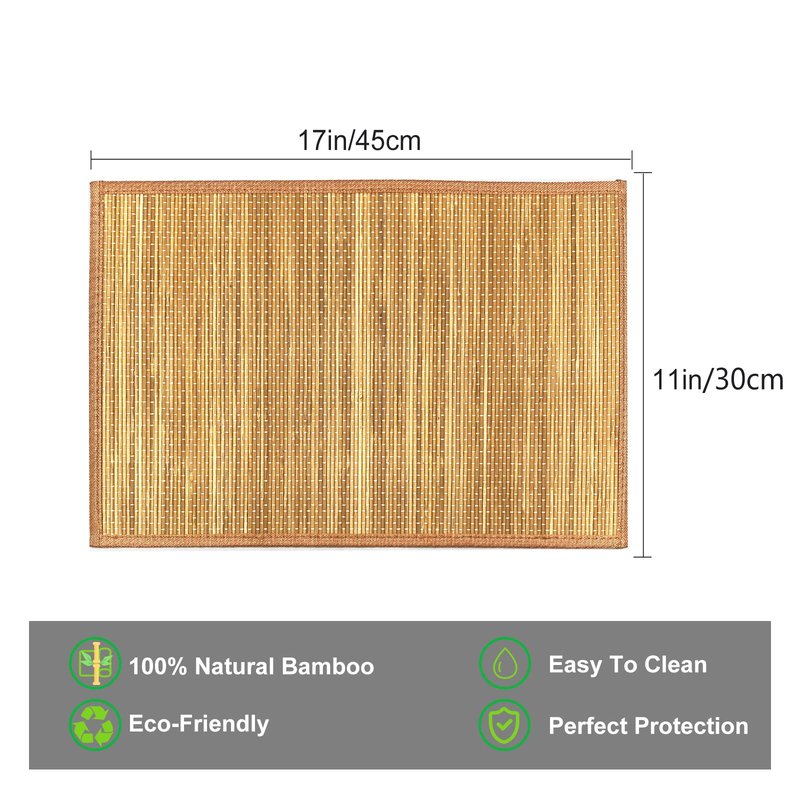 ANDSTAR Set of 8 Pcs Bamboo Placemats with Fabric Border Japanese Style Natural Anti-Slip Bamboo Placemats Washable Heat-Resistant Table Mats for Dining Room and Kitchen (Brown)