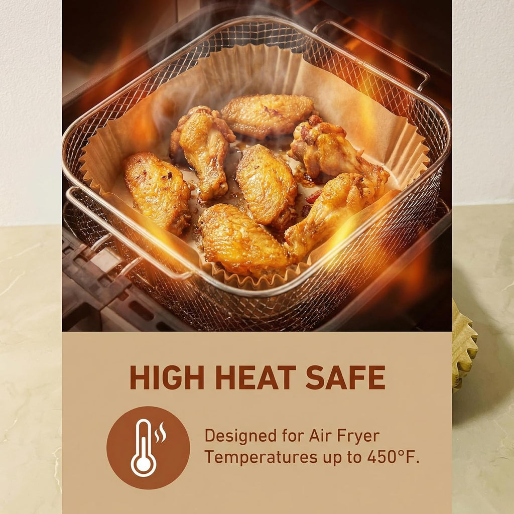 Skiennix Air Fryer Paper Liners - 100PCS Food-Grade Parchment, Oil-Proof & Waterproof | 6.3 Inch Square