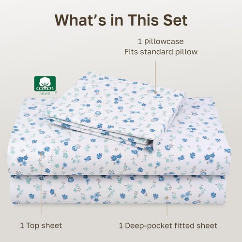 California Design Den Twin Size Cotton Sheet Set - 100% Soft Sateen, 400 Thread Count, Floral White/Blue