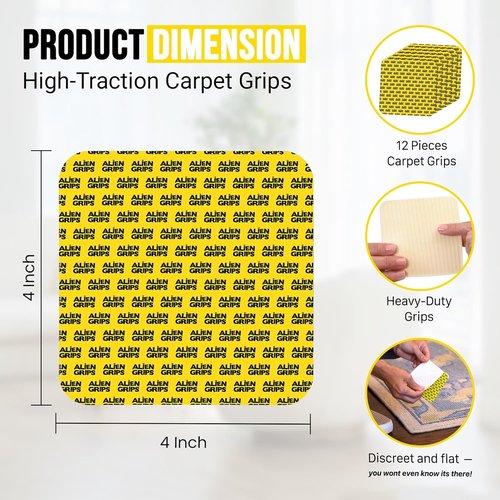 Alien Grip Carpet Tape | 12pcs Anti-Slip Rug Gripper - 4x4 in. Double-Sided, No Damage, Reusable