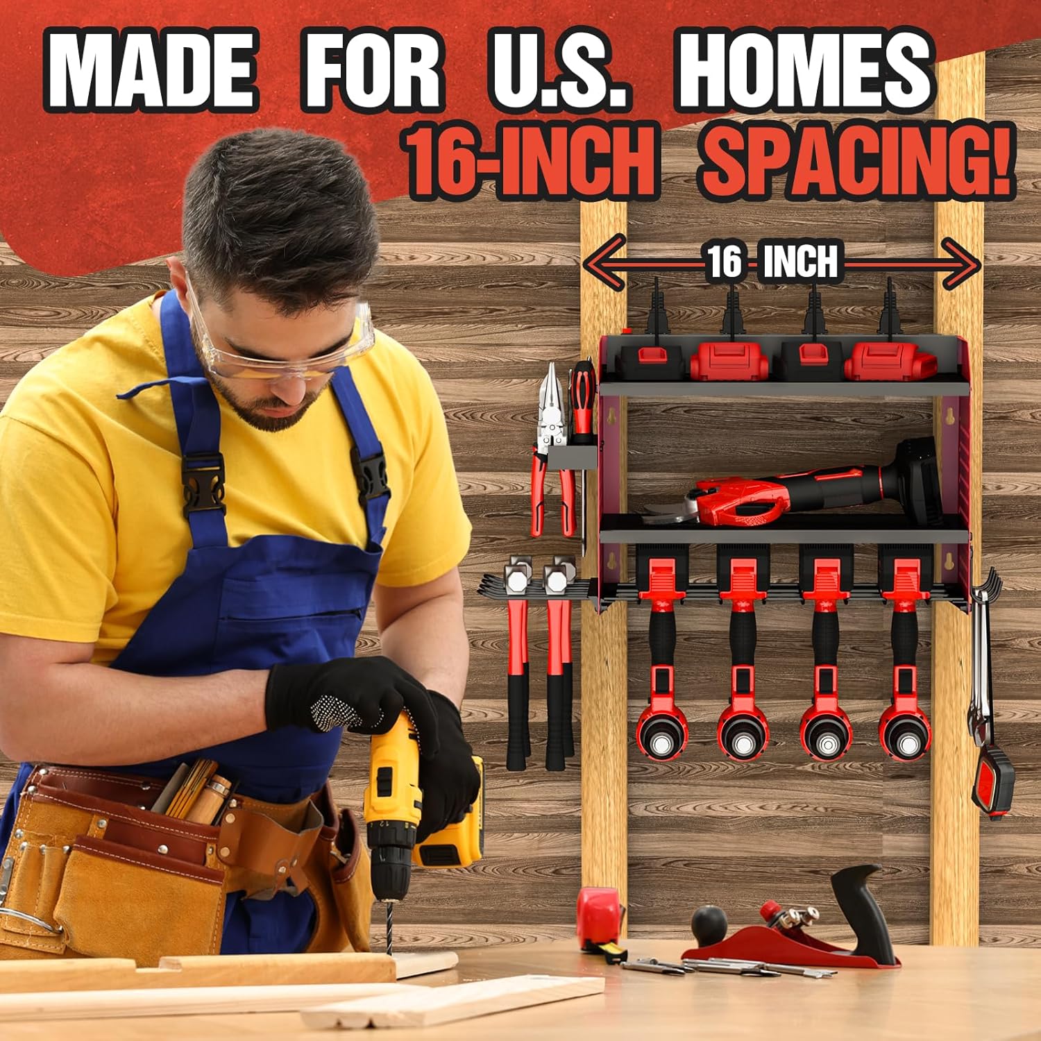 Power Tool Organizer - Heavy Duty Wall Mount Rack with Charging Station | 4 Drill Holders - Red