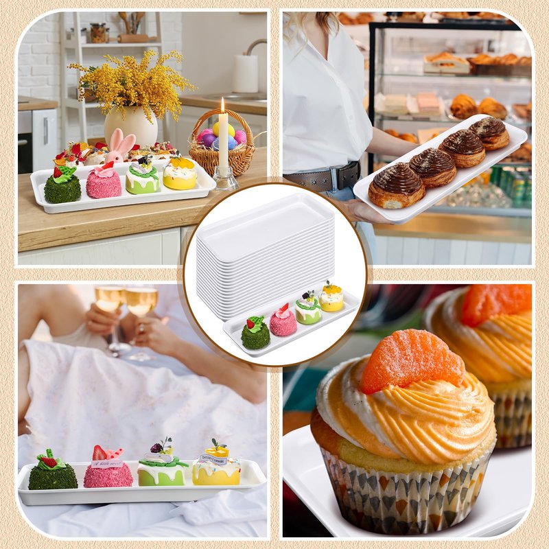 Ziliny 20 Pcs Serving Platters 14 x 6 Inch Rectangle Serving Trays Reusable Food Tray Dishes Dessert Trays Plastic Plates for Wedding Home Table Thanksgiving Christmas Party(White)