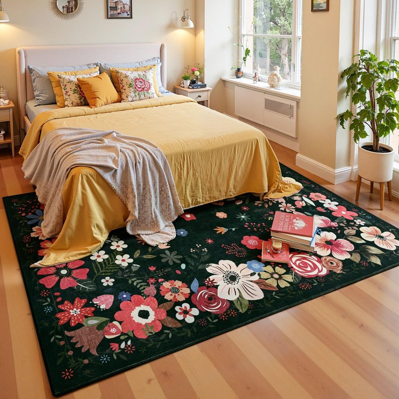 Vasofe 5x7 Rug for Bedroom,Washable Rugs for Living Room, Dining Room, Indoor Floor Mat, Floral Printed Mats for Nrusery, Farmhouse, Laundry Room,Non Slip Low Pile Soft Modern Carpet, Black