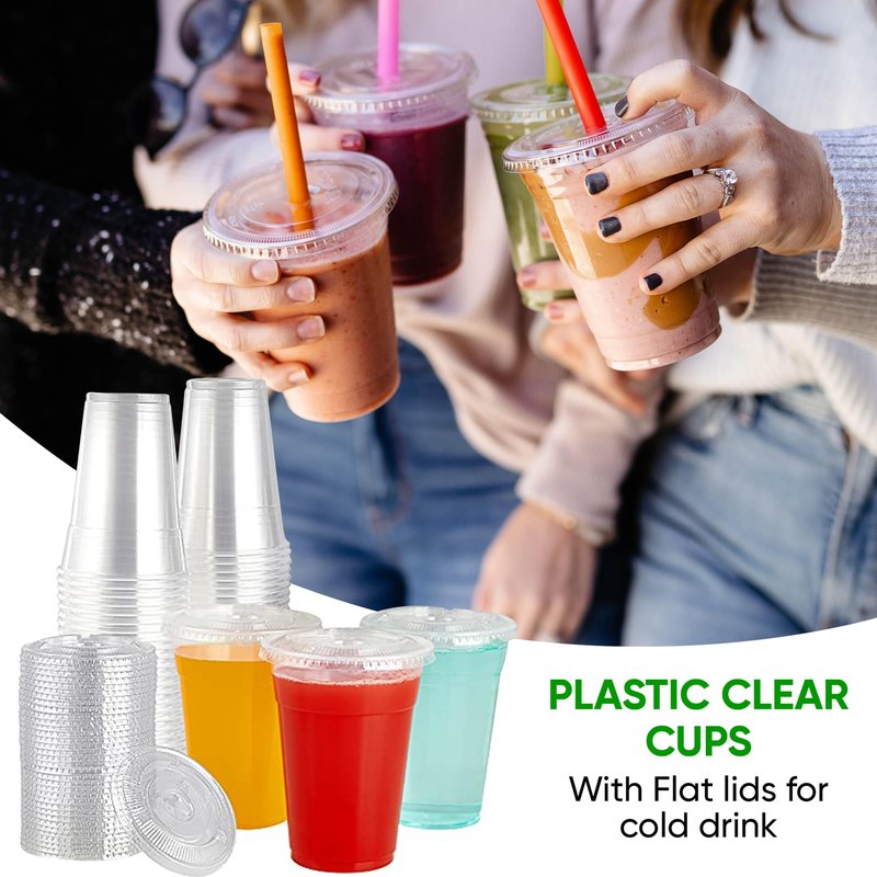 Green Direct Plastic Ultra Clear Cups With Flat Lids for Iced Coffee Bubble Boba Tea Smoothie (100, 10 Ounce)