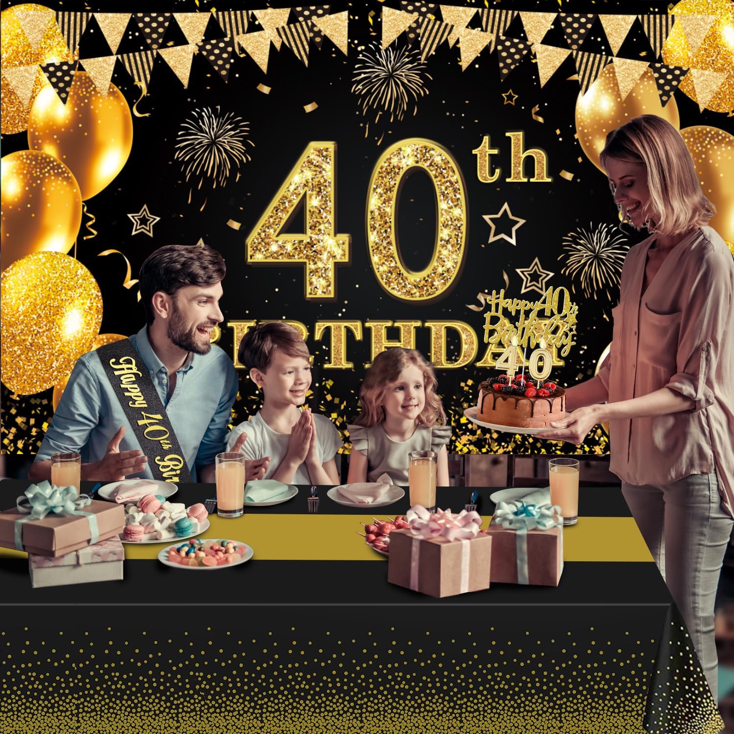 Regine Switzerland 40th Birthday Decorations - Black & Gold Banner, Table Cloth, Balloons & Cake Topper