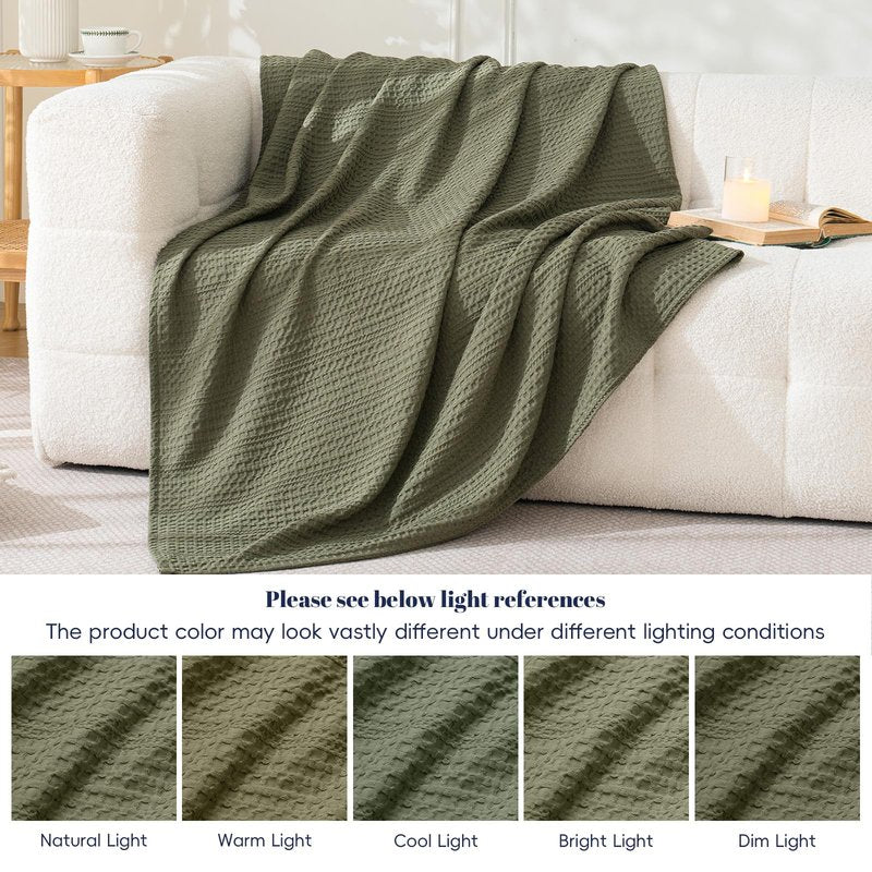 PHF Lightweight Waffle Weave Throw Blanket 50"x 60", Soft Woven Summer Blanket for Hot Sleepers - Aesthetic Home Decor for Couch Bed Sofa, Pet Friendly, Olive Green