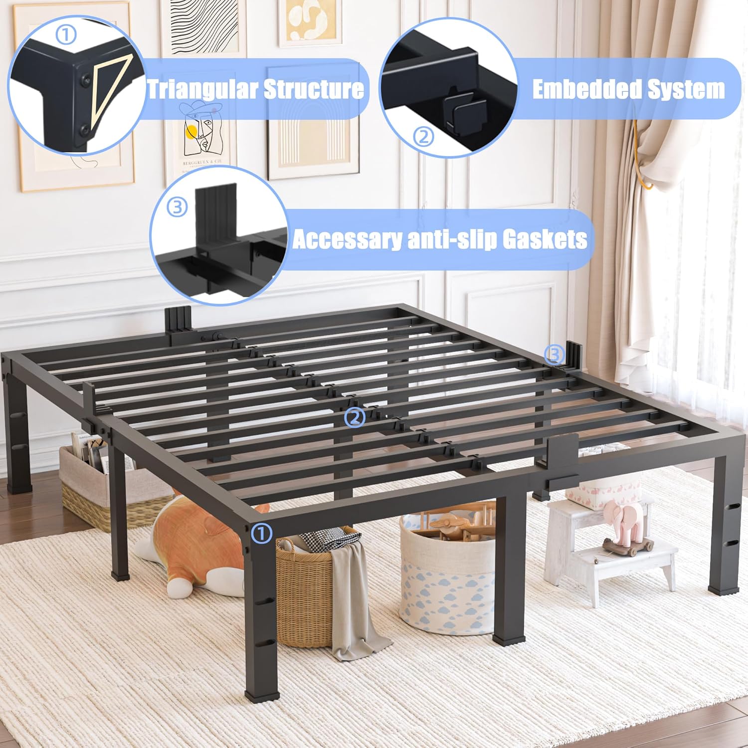 Yitong Angel Queen Size Bed Frame - 18-Inch Heavy Duty Metal Platform with Steel Slat Support | Noise-Free Assembly