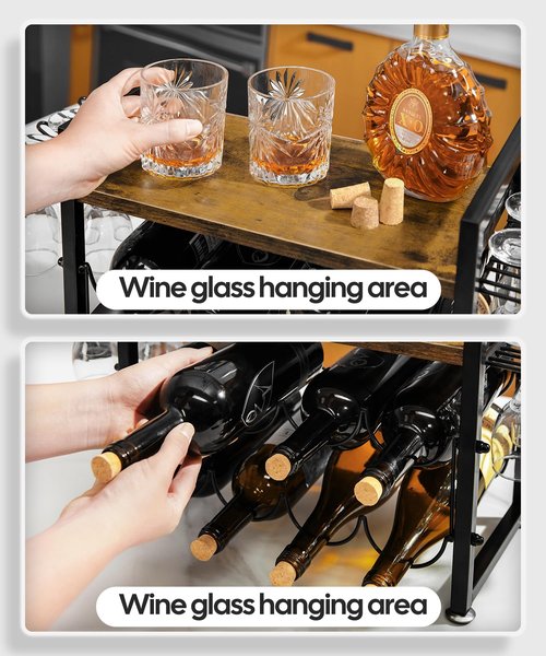 Vilaxing Countertop Wine Rack with Glass Holder and Wooden Tray, Holds 8 Bottles and 12 Glasses, Liquor Storage Stand Metal Frame for Home Decor Kitchen