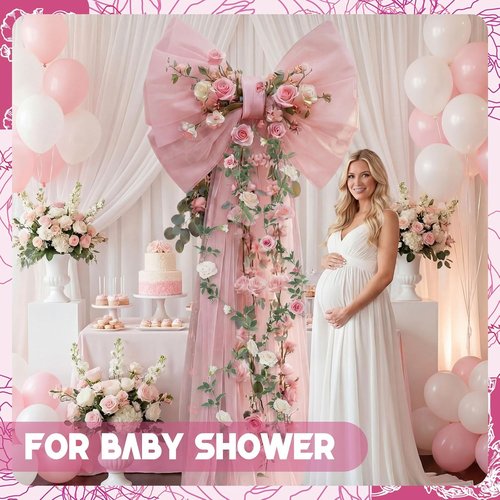 BreezeHug Giant Wedding Bow Decor - Elegant Long Ribbon Design for Bridal Shower & Party | Pink (32 x 20 x 67 inches)