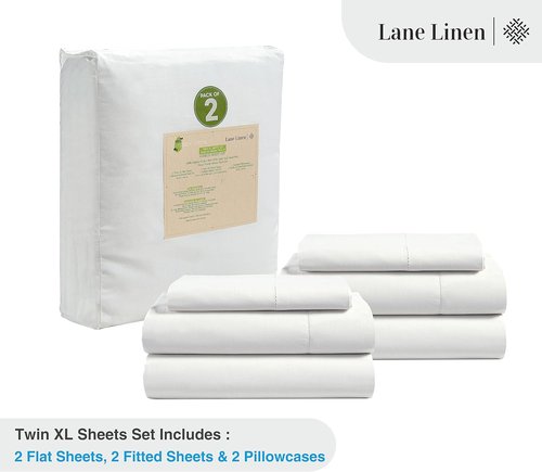 LANE LINEN 100% Organic Cotton Twin XL Sheets Set - Ultra Soft 3-Piece Percale Bedding, Fits Mattresses Up to 15" Deep - White (2 Pack)