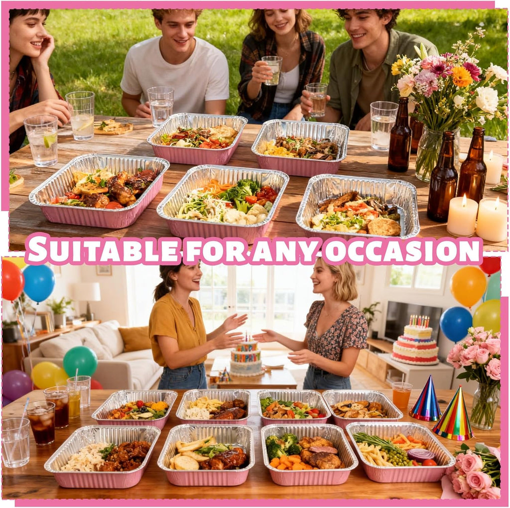 Pink Aluminum Baking Pans by [Brand Name] - 35 Pack 8x8 Inch Disposable Trays with Lids & Spoons for Parties