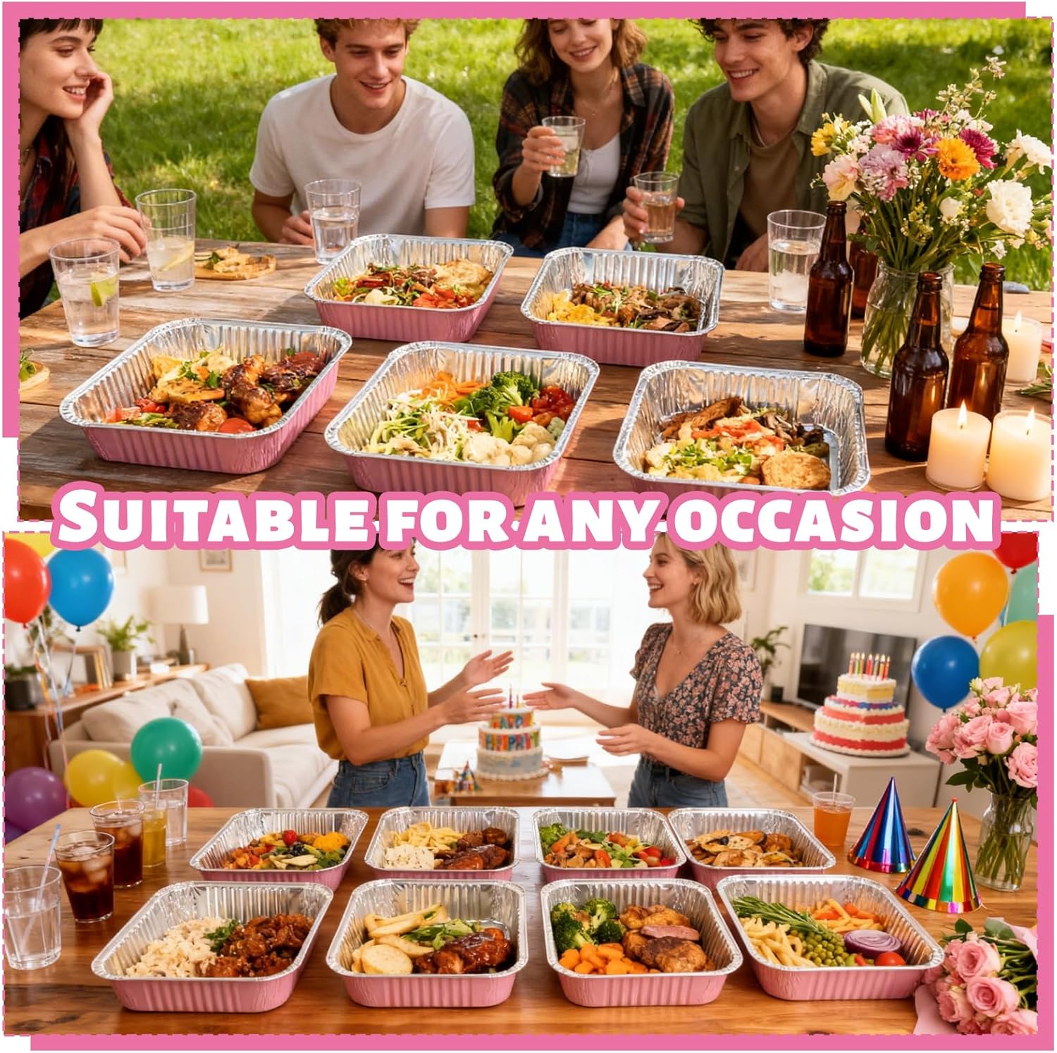Pink Aluminum Baking Pans by [Brand Name] - 35 Pack 8x8 Inch Disposable Trays with Lids & Spoons for Parties