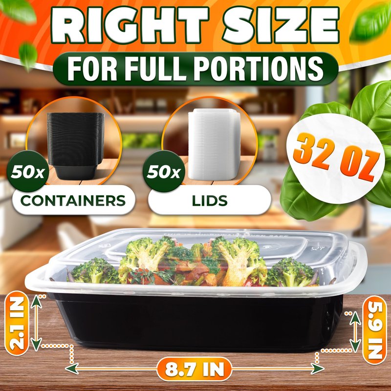 Evrblock 50 Pack [32 oz] Freezer Meal Prep Containers Reusable - Plastic Food Storage Containers with Lids, Dishwasher & Microwave Friendly, Warp-Resistant - Versatile Use for Meals, Leftovers & More