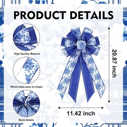 Chinoiserie Blue Wreath Bow - 21 Inch Large Floral Wired Ribbon for Spring Door Decor