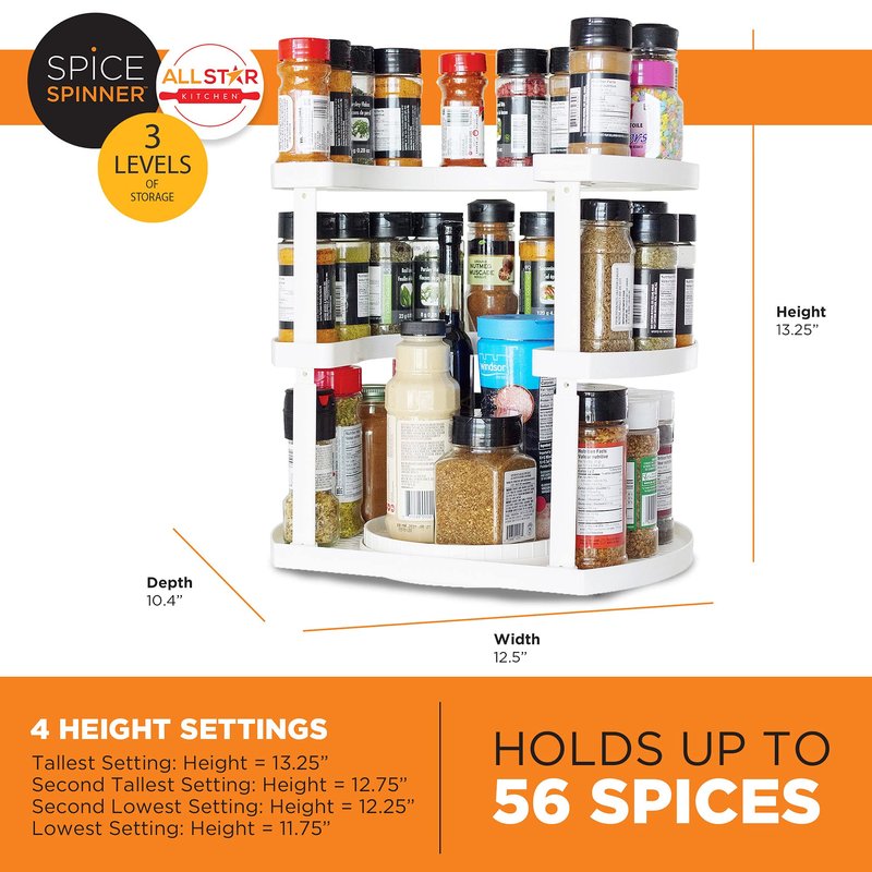 Allstar Innovations Spice Spinner Three-Tiered Spice Organizer & Holder That Saves Space, Keeps Everything Neat, Organized & Within Reach With Dual Spin Turntables White- 3 Tier