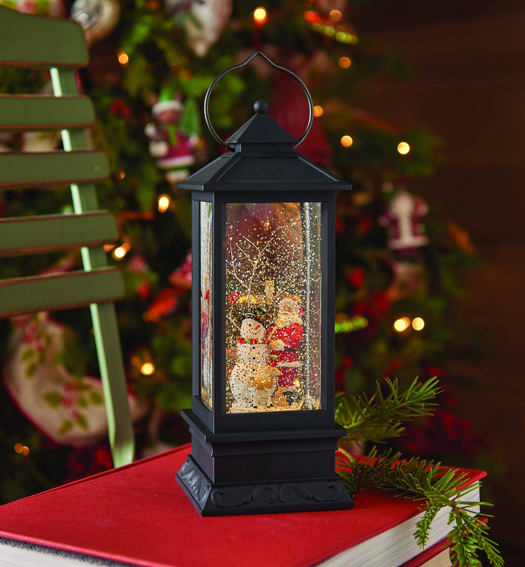 Lighted Snow Globe Lantern: 11 Inch, Black Holiday Water Lantern by RAZ Imports (Santa and Snowman)