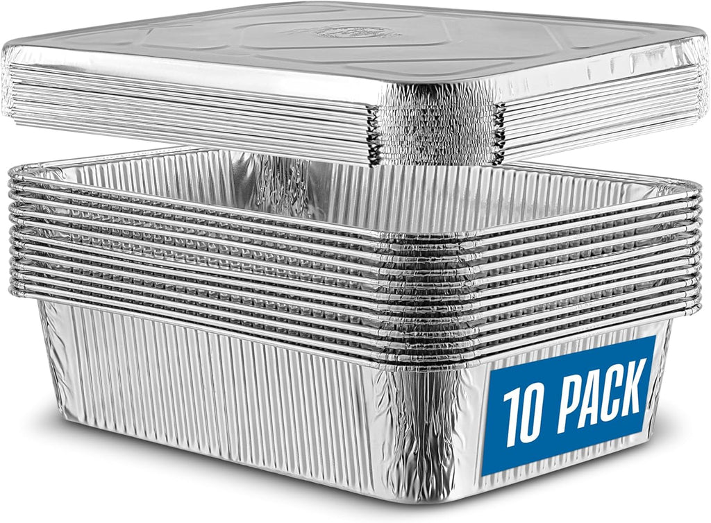 PlasticPro 10-Pack Aluminum Pans - Heavy-Duty 12.5" x 9" Disposable Foil Pans with Covers for Baking & Cooking