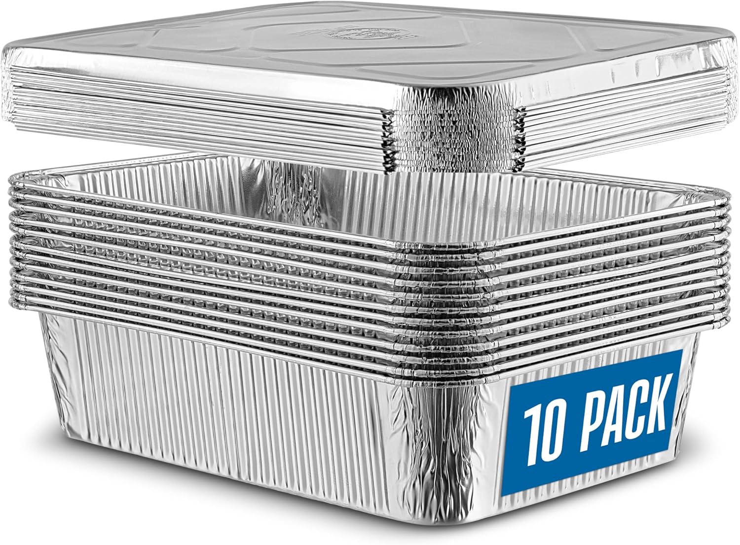 PlasticPro 10-Pack Aluminum Pans - Heavy-Duty 12.5" x 9" Disposable Foil Pans with Covers for Baking & Cooking