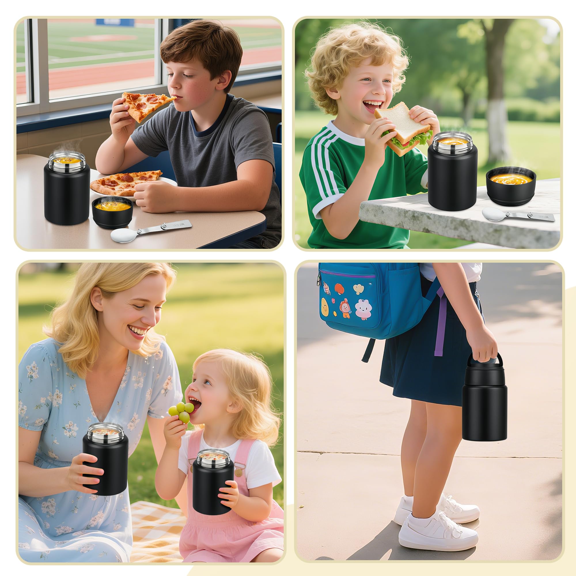 HAWEEK Soup Thermo for Hot Food Kids 16oz Insulated Food Jar Leakproof Thermo Lunch Container for Kids Wide-Mouth Stainless Steel Lunch Box for School with Handle Folding Spoon(3+)