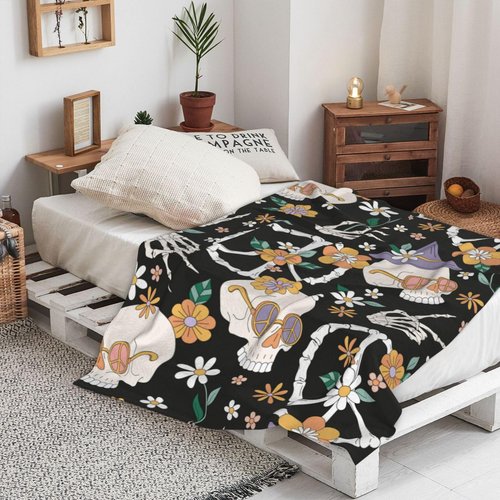 Hippie Groovy Halloween Skull Blanket, Soft Blankets Flannel Bed Throw Cozy Lightweight Plush Gifts For Women Men Boys Girls Sofa Couch Bedroom Living Rooms Warm All Season, Home Decor, 60"x50"