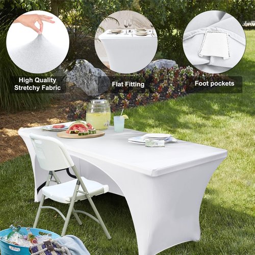 ABCCANOPY 6 ft Spandex Table Cover Open Back Fitted Tablecloth Stretch Washable Tablecover Table Topper for Rectangle Tables White