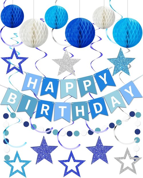Blue Happy Birthday Decorations - Banner with Honeycomb Balls & Stars | Perfect Party Decor for All Ages